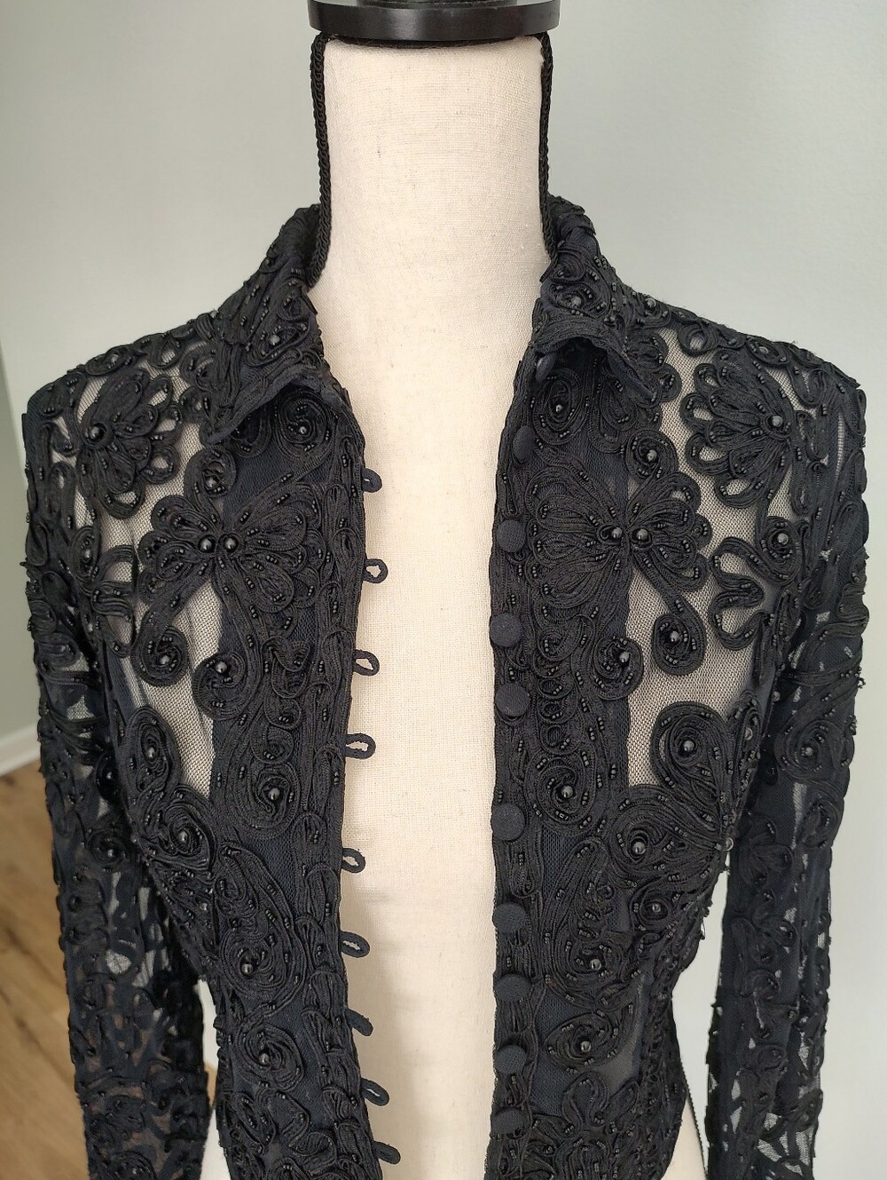 90s Vintage Cache Beaded Mesh Top Jacket Ribbon Black Whimsigoth Cropped L - Picture 4 of 8